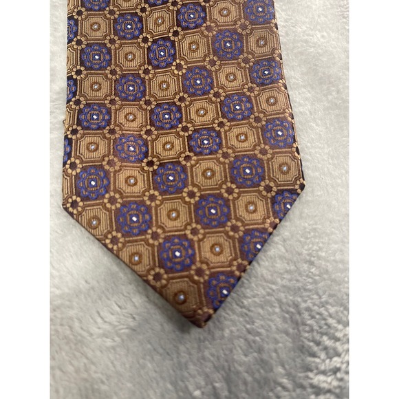 Mens David Donahue Necktie Brown Blue Geometric Pattern Silk Tie - Picture 3 of 9
